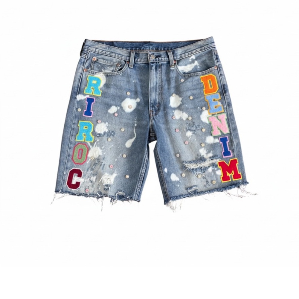 Embroidered Distressed Denim Shorts Custom made by Ri -ROC Levi’s shorts
